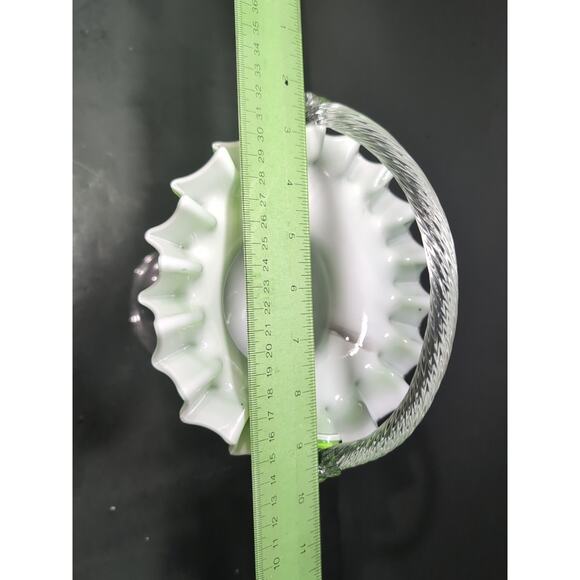 Bohemian Art Glass Footed Green Basket, Ruffled Edge, Hand Blown, Twisted Handle - Picture 9 of 10